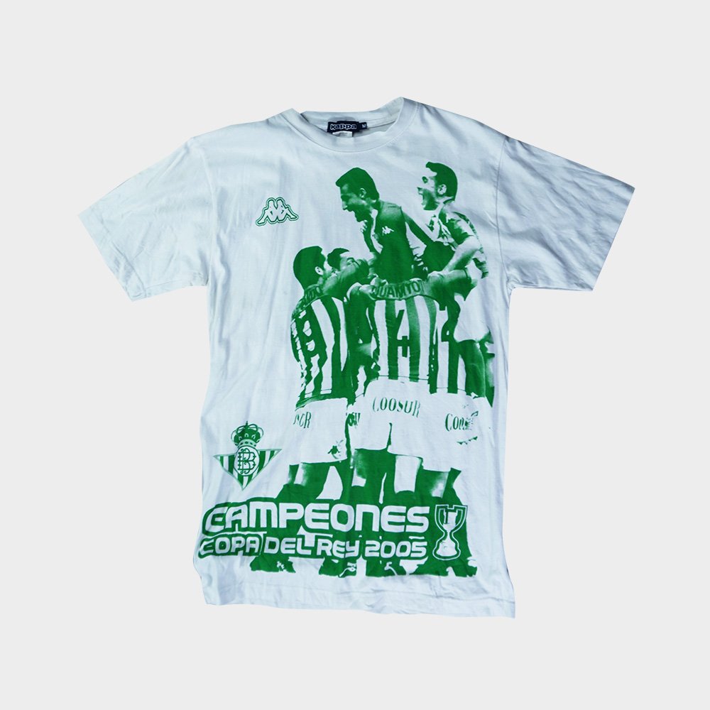 T-shirt Kappa Betis Séville blanc et vert, inscription "Campeones Copa del Rey 2005", taille M, style vintage football