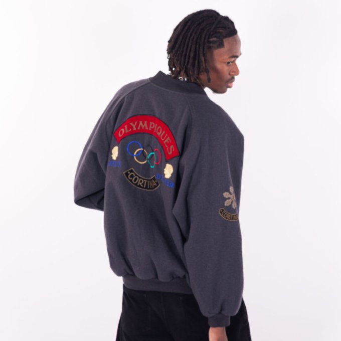 Bomber vintage Adidas en laine gris Jeux Olympiques 1968 avec broderies des anneaux olympiques - dos