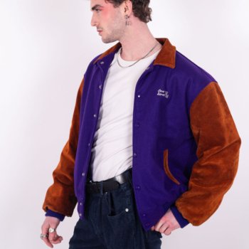 Bomber Varsity Hard Rock Café New Orleans en laine violet et manches cuir camel, broderie 