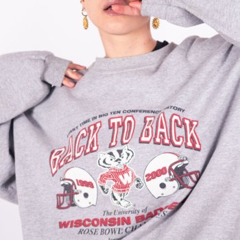 Sweat US vintage gris chiné avec inscription Back to Back Wisconsin Badgers, First Time Big Ten Conference et Rose Bowl Champions - détails imprimé