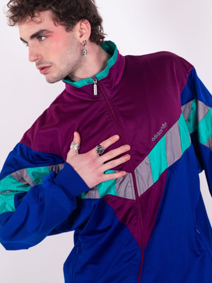 Veste Adidas vintage violette, bleue et turquoise des années 90 avec logo brodé - avant