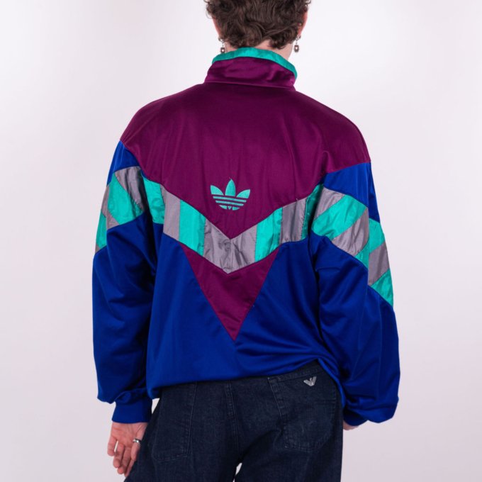 Veste Adidas vintage violette, bleue et turquoise des années 90 avec logo brodé - dos