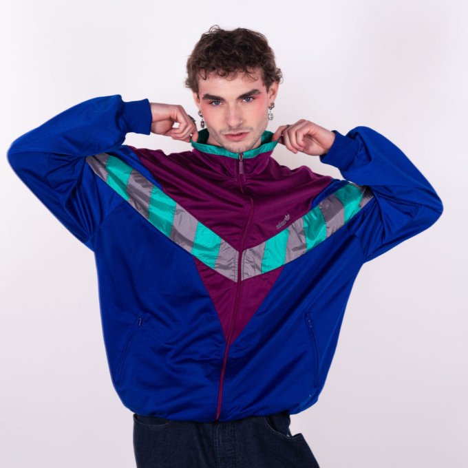 Veste Adidas vintage violette, bleue et turquoise des années 90 avec logo brodé - avant