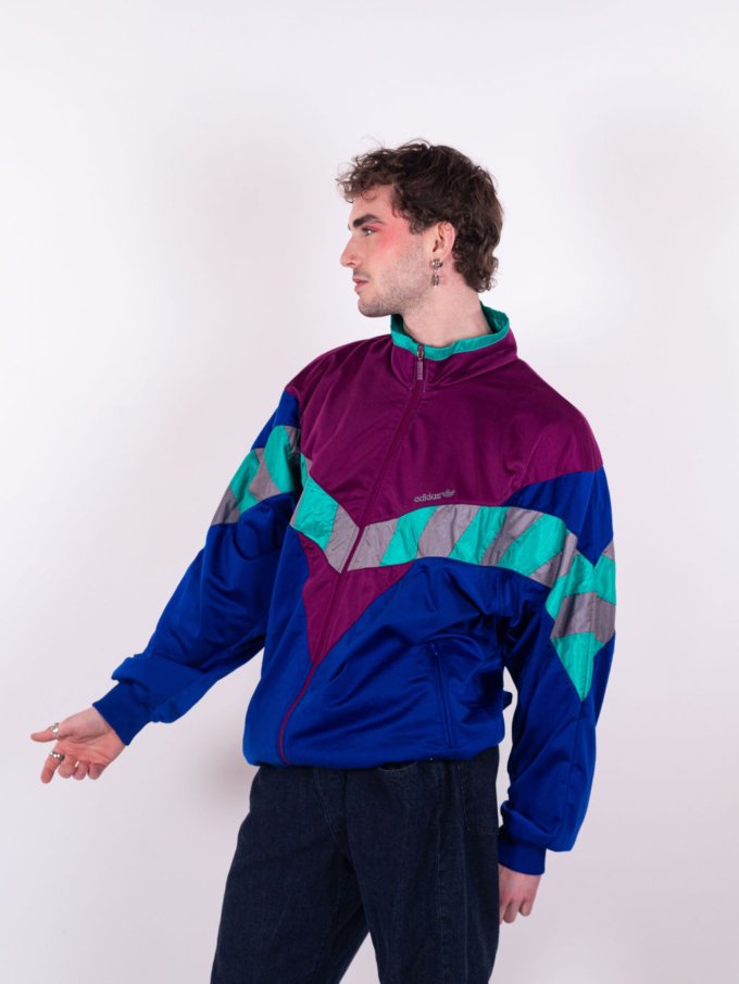 Veste Adidas vintage violette, bleue et turquoise des années 90 avec logo brodé - face