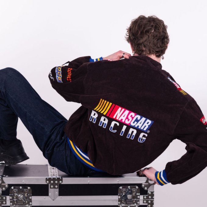 Veste bomber NASCAR vintage marron avec patchs brodés Racing - dos