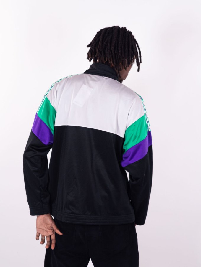 Veste Lotto vintage verte fluo, blanche et noire avec logo brodé et empiècement violet - dos