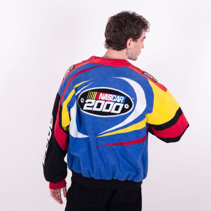 Veste vintage NASCAR 2000 bleu jaune rouge avec patchs brodés sur les épaules et le dos