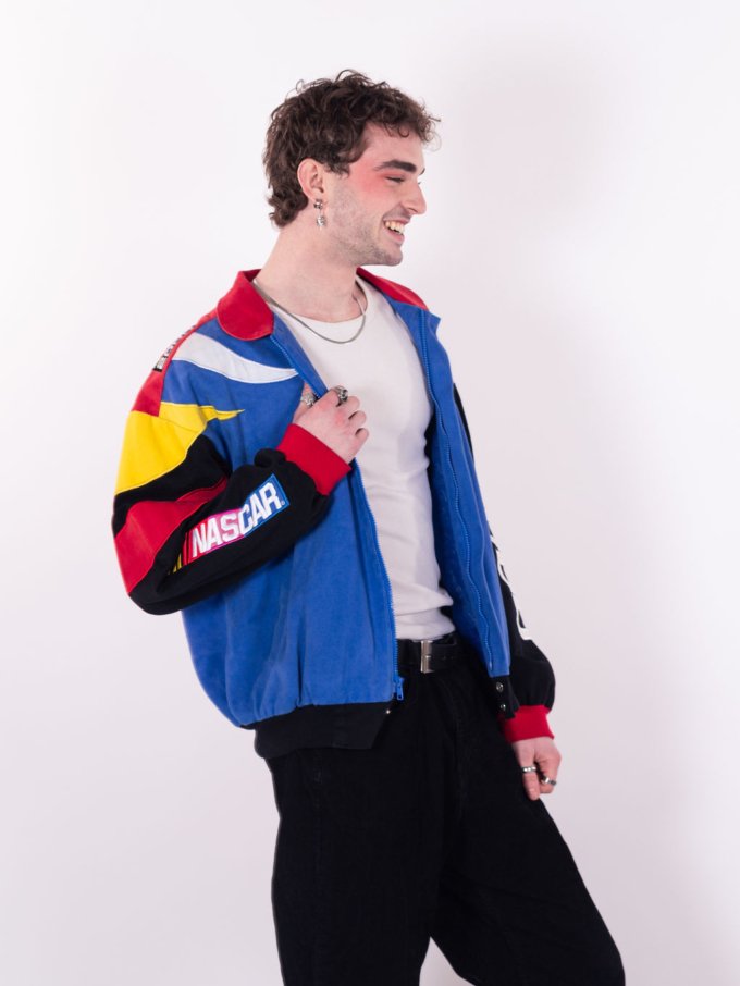 Veste vintage NASCAR 2000 bleu jaune rouge avec patchs brodés sur les épaules et le dos