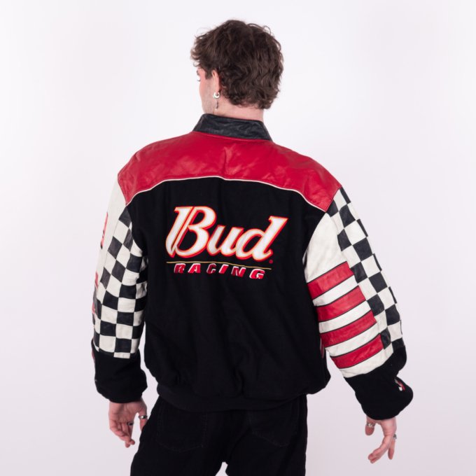 Bomber Vintage NASCAR Bud Réversible - Dos - Rouge et Noir, broderies Bud et manches en cuir véritable