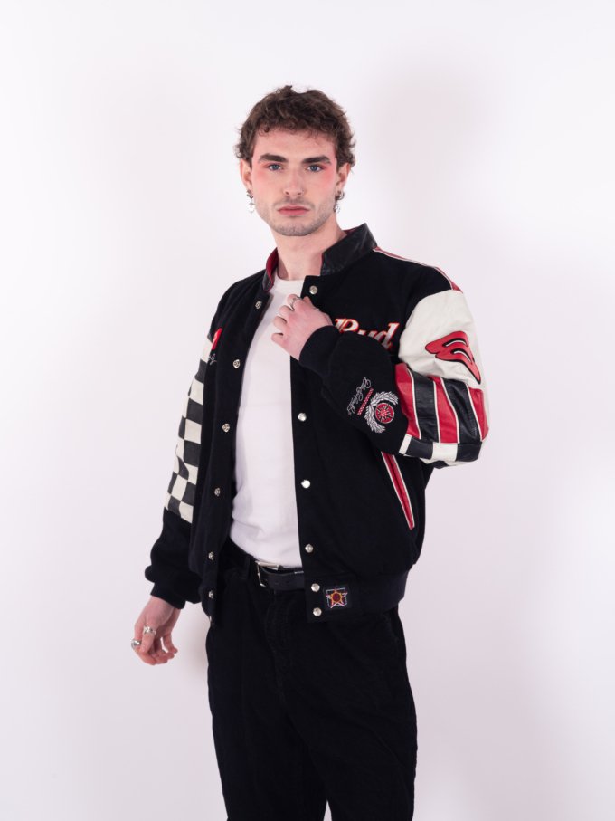 Bomber Vintage NASCAR Bud Réversible - Face - Rouge et Noir, broderies Bud et manches en cuir véritable