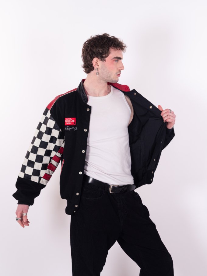 Bomber Vintage NASCAR Bud Réversible - Rouge et Noir, broderies Bud et manches en cuir véritable