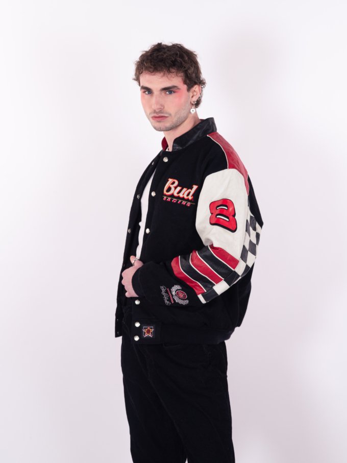 Bomber Vintage NASCAR Bud Réversible - Profil - Rouge et Noir, broderies Bud et manches en cuir véritable