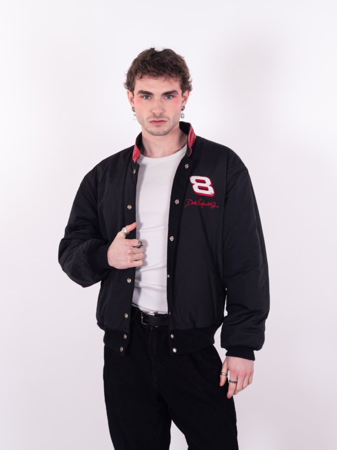 Bomber Vintage NASCAR Bud Réversible - Face - Rouge et Noir, broderies Bud et manches en cuir véritable