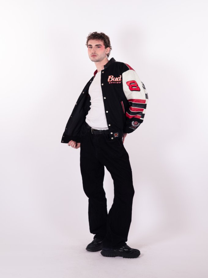 Bomber Vintage NASCAR Bud Réversible - Globale - Rouge et Noir, broderies Bud et manches en cuir véritable