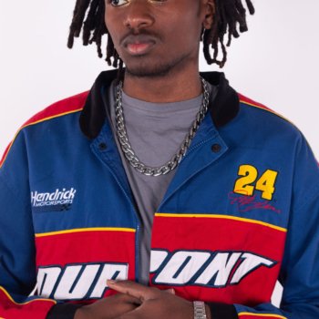 Bomber vintage NASCAR Dupont Jeff Gordon n°24 bleu, rouge et jaune en tissu épais - détails