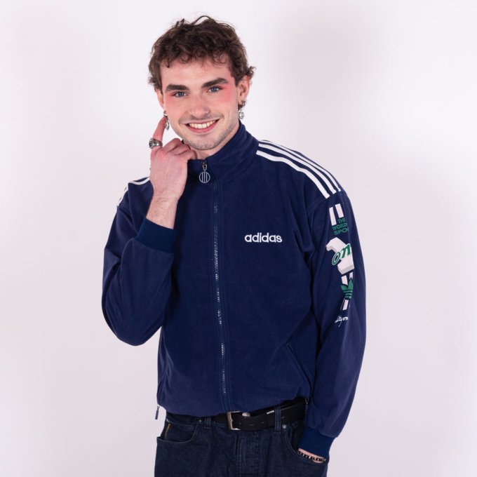 Veste Adidas 1 World bleue et bande blanches et logo vert année 80 - face