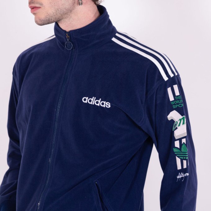 Veste Adidas 1 World bleue et bande blanches et logo vert année 80 - détails