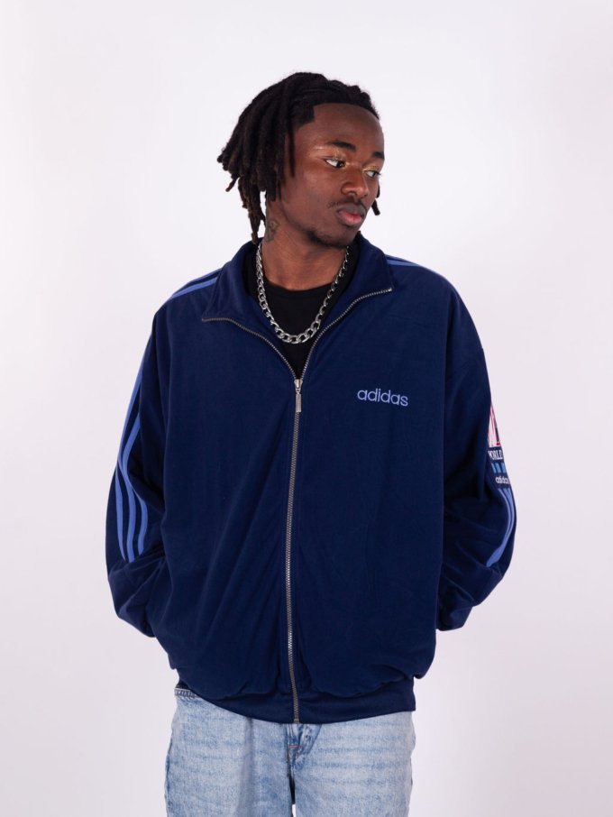 Veste Adidas One World bleue et bande bleu année 80 - face