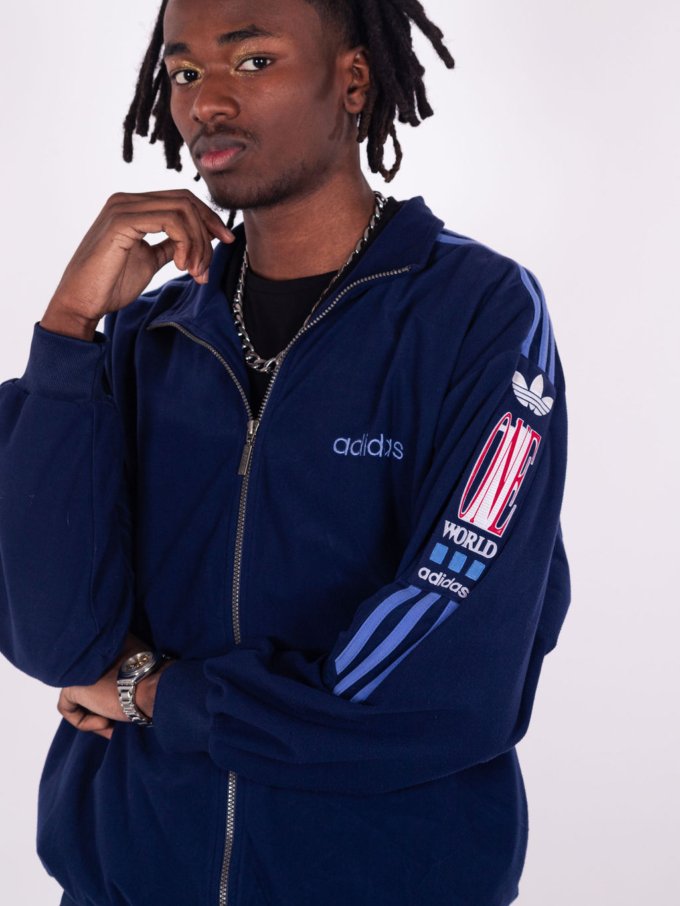 Veste Adidas One World bleue et bande bleu année 80 - détail