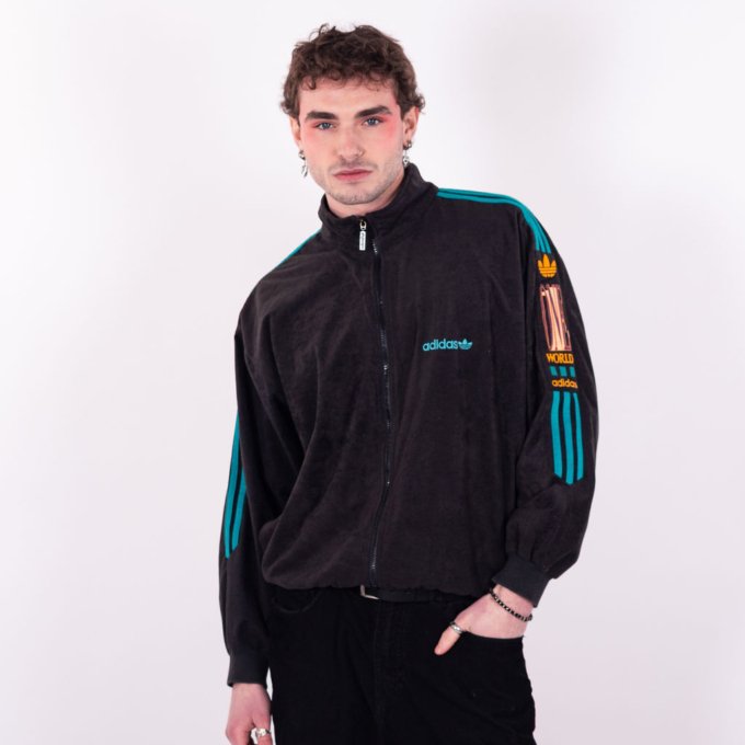 Veste vintage Adidas-One World de couleur noire et turquoise - face