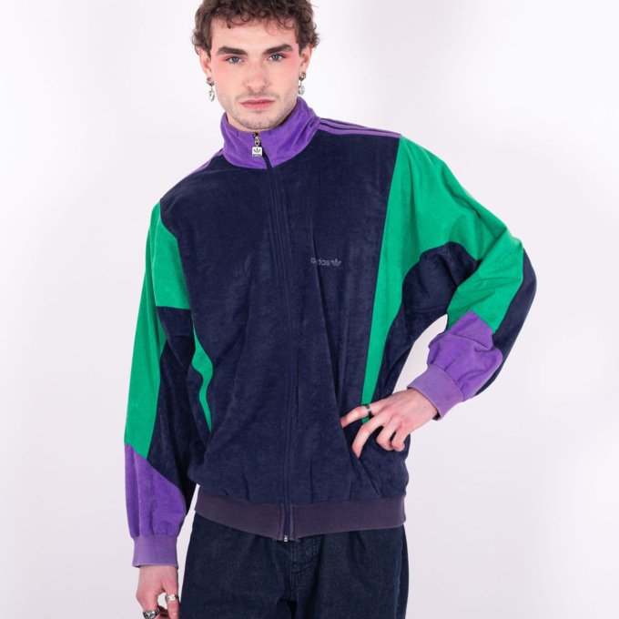 Veste vintage Adidas Terminator bleue, verte et violette en peau de pêche - face