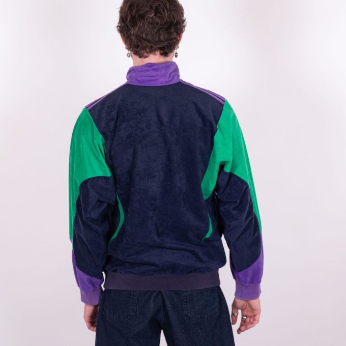 Veste vintage Adidas Terminator bleue, verte et violette en peau de pêche - dos