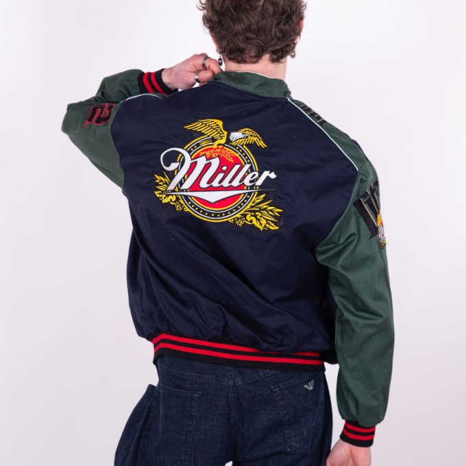 Veste vintage NASCAR Miller Lite grise, verte et jaune avec logos brodés - dos