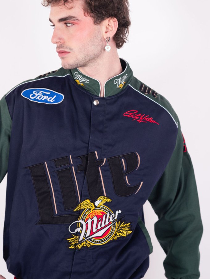 Veste vintage NASCAR Miller Lite grise, verte et jaune avec logos brodés - détails