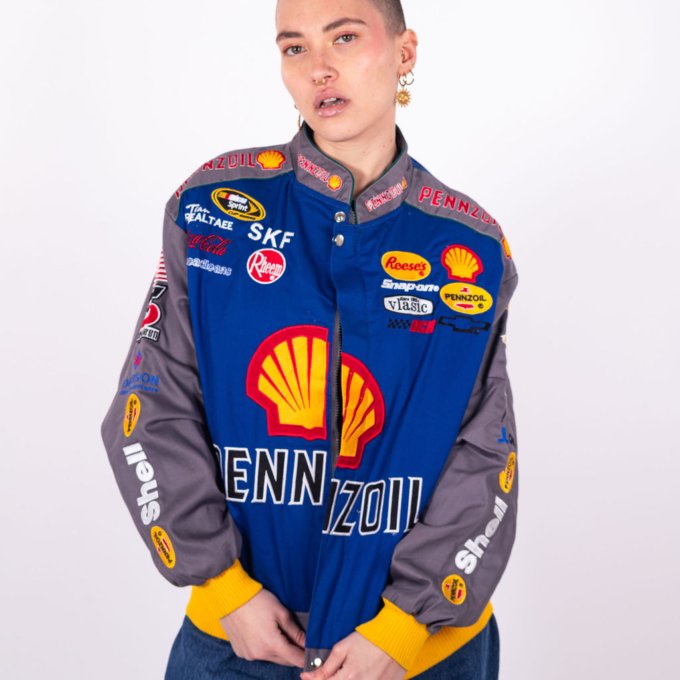 Veste vintage NASCAR Pennzoil N°29 bleu, jaune et rouge avec logos brodés - face