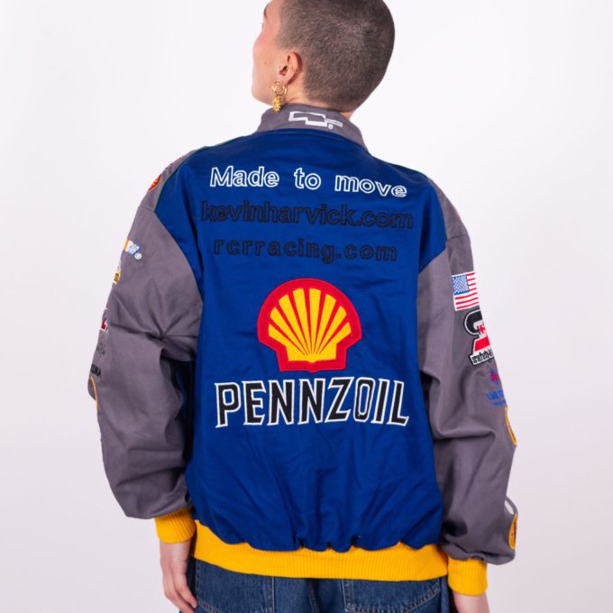 Veste vintage NASCAR Pennzoil N°29 bleu, jaune et rouge avec logos brodés - dos