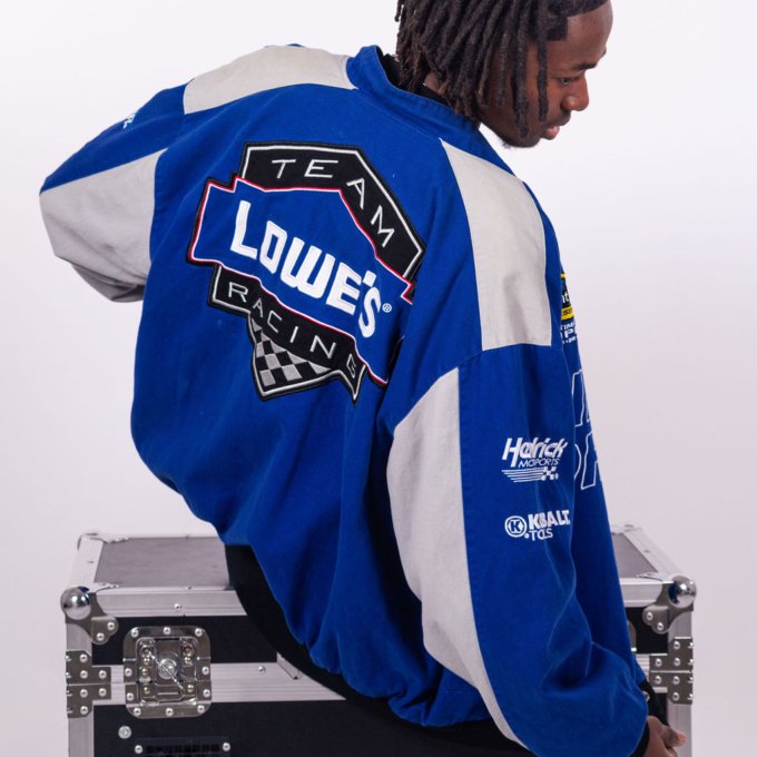 Veste vintage NASCAR Team Lowe's Racing Jimmie Johnson bleue, jaune et blanche avec logos brodés - dos