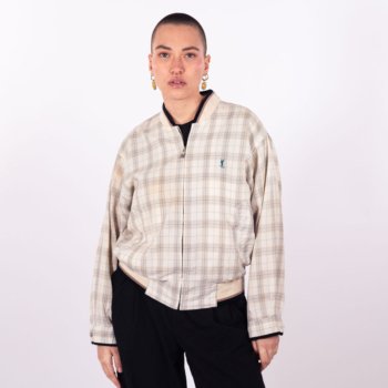 Veste vintage Yves Saint Laurent type bomber beige motif quadrillé avec logo brodé bleu