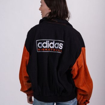 Bomber Adidas Basketball vintage en laine noire et cuir orange avec broderie logo
