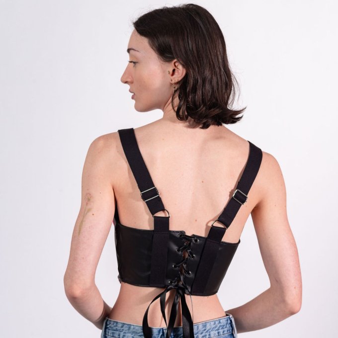 corset techno upcycling noir et rose fluo simili cuir