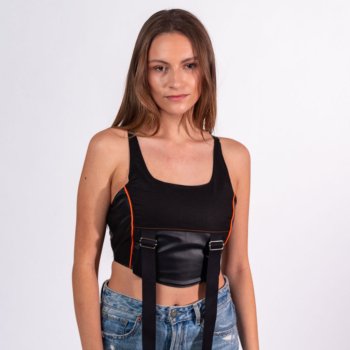 corset techno upcycling noir et orange simili cuir